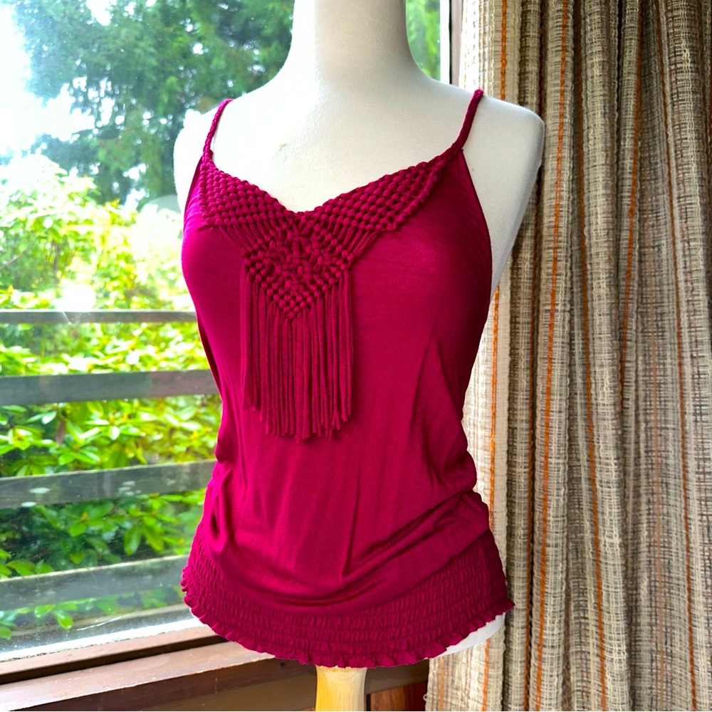 Decree • Berry Colored Ruched Hem Boho Fringe Tank